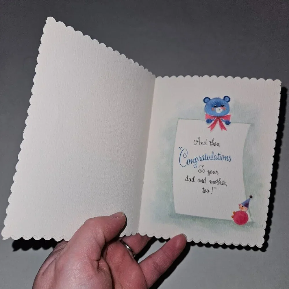 VTG New Baby Welcome Note Greeting Card Bear Dog Toys Scalloped NEVER USED